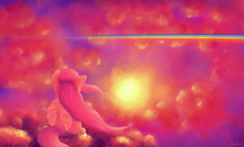 Size: 1474x887 | Tagged: safe, artist:coco, artist:goat, derpibooru import, fluttershy, rainbow dash, pegasus, pony, blue / flightcamp, cloud, cute, implied flutterdash, implied lesbian, implied rainbow dash, implied shipping, shyabetes, sunset