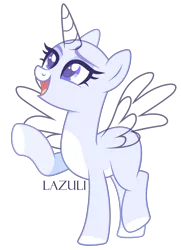 Size: 1866x2578 | Tagged: safe, artist:lazuli, derpibooru import, oc, unofficial characters only, alicorn, pony, alicorn oc, bald, base, colored hooves, eyelashes, horn, looking up, open mouth, raised hoof, signature, simple background, solo, transparent background, wings