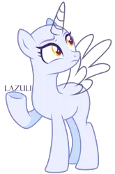 Size: 1521x2304 | Tagged: safe, artist:lazuli, derpibooru import, oc, unofficial characters only, alicorn, pony, alicorn oc, bald, base, eyelashes, horn, looking back, raised hoof, signature, simple background, solo, transparent background, underhoof, wings