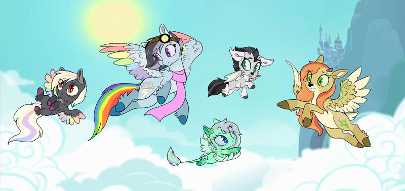 Size: 2308x1092 | Tagged: safe, artist:cboyd124, artist:musicfirewind, artist:samalamb-bases, derpibooru import, fluttershy, rainbow dash, oc, oc:cyclone, oc:pastel, oc:rainstorm, deer, deer pony, original species, pegasus, peryton, pony, alternate design, base used, bat wings, clothes, colored wings, family, feathered fetlocks, female, flutterdash, flying, goggles, lesbian, magical lesbian spawn, multicolored wings, offspring, parent:fluttershy, parent:rainbow dash, parents:flutterdash, rainbow wings, scarf, shipping, species swap, wings