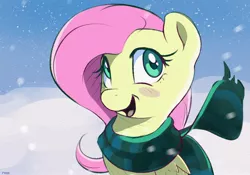 Size: 2500x1750 | Tagged: safe, artist:nookprint, derpibooru import, fluttershy, pegasus, pony, blush sticker, blushing, bust, clothes, cute, female, folded wings, high res, looking at you, mare, open mouth, outdoors, scarf, shyabetes, smiling, snow, snowfall, solo, three quarter view, wings, winter, winter outfit