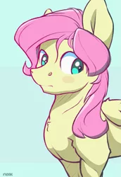 Size: 827x1201 | Tagged: safe, artist:nookprint, derpibooru import, fluttershy, pegasus, pony, blush sticker, blushing, butterscotch, chest fluff, green background, male, muscles, muscleshy, muscular male, rule 63, simple background, solo, stallion