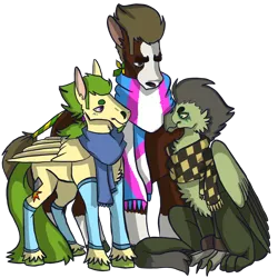 Size: 1200x1200 | Tagged: safe, artist:slimyferret, derpibooru import, oc, oc:miasma canker, oc:platinum forge, oc:sour scotch, unofficial characters only, clydesdale, earth pony, gryphon, pegasus, derpibooru community collaboration, 2021 community collab, clothes, genderless, group, leg warmers, masculine mare, multiple characters, scarf, simple background, sitting, trans flag, transgender, transparent background