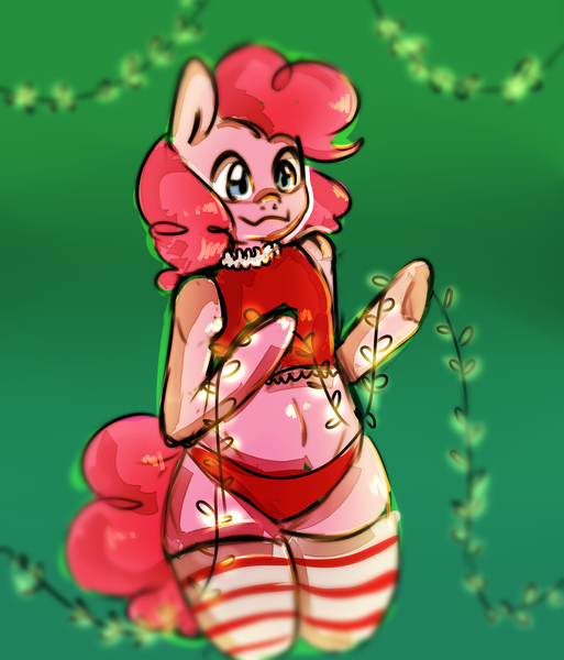 Size: 2566x3000 | Tagged: safe, artist:0blackster, derpibooru import, pinkie pie, semi-anthro, christmas, clothes, holiday, panties, socks, solo, string lights, striped socks, thigh highs, underwear