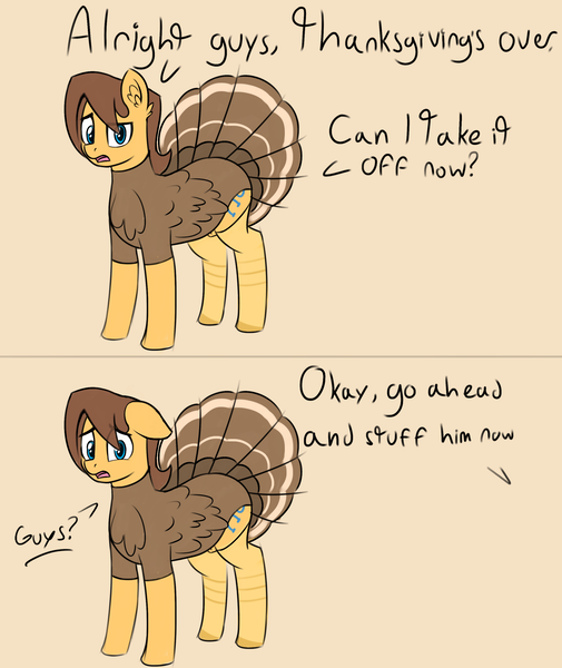 Size: 2452x2916 | Tagged: suggestive, artist:czu, derpibooru import, caramel, bird, earth pony, pony, turkey, 2 panel comic, caramel is awesome, clothes, comic, costume, floppy ears, imminent sex, implied gay, male, nudity, offscreen character, open mouth, raised eyebrow, sheath, simple background, solo, solo male, standing, turkey costume