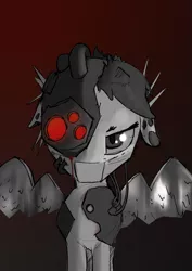 Size: 581x819 | Tagged: semi-grimdark, artist:geljado, derpibooru import, oc, oc:broken symmetry, unofficial characters only, cyborg, earth pony, pony, digital art, floppy ears, monochrome, simple background, solo