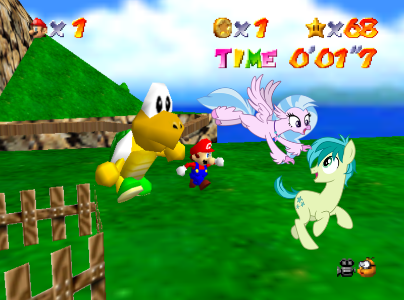 Size: 1613x1200 | Tagged: safe, artist:muj76, derpibooru import, sandbar, silverstream, earth pony, hippogriff, human, koopa troopa, pony, turtle, crossover, mario, mountain, race, running, super mario 64, super mario bros.