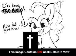 Size: 2241x1664 | Tagged: suggestive, artist:tjpones, derpibooru import, pinkie pie, earth pony, pony, bible, censored, christianity, female, grayscale, hat, mare, monochrome, not porn, novelty censor, open mouth, party hat, simple background, smiling, solo, text, white background