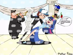 Size: 564x423 | Tagged: safe, artist:matthew reirdon, derpibooru import, flash sentry, twilight sparkle, equestria girls, checklist, clothes, crossover, crossover shipping, crown, diplight, dipper pines, dress, female, flower, gravity falls, hat, jewelry, male, musical instrument, regalia, rose, shipping, skirt, slow dancing, soos, straight, trumpet, tuxedo