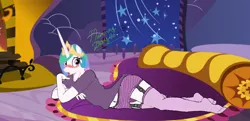 Size: 1520x736 | Tagged: suggestive, artist:flammingbrony40, derpibooru import, princess celestia, alicorn, anthro, plantigrade anthro, 1000 hours in ms paint, bedroom, belly button, blushing, clothes, cute, feet, fireplace, garters, high socks, horny, pajamas, panties, purple underwear, sexy, socks, stockings, thigh highs, tongue out, underwear