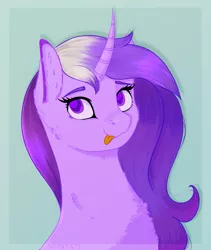 Size: 2786x3294 | Tagged: safe, artist:nyota71, derpibooru import, oc, oc:stardust, pony, unicorn, :p, bust, cheek fluff, chest fluff, colored pupils, commission, curved horn, ear fluff, female, fluffy, horn, long hair, mare, portrait, solo, tongue out