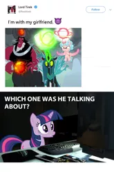 Size: 1152x1748 | Tagged: safe, derpibooru import, edit, edited screencap, screencap, cozy glow, lord tirek, queen chrysalis, twilight sparkle, alicorn, centaur, changeling, changeling queen, unicorn, the ending of the end, computer, evil, female, glowing horn, horn, keyboard, magic, magic aura, male, meta, nose piercing, nose ring, piercing, race swap, twitter, unicorn twilight