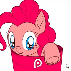 Size: 3000x3000 | Tagged: safe, artist:tomtornados, derpibooru import, pinkie pie, earth pony, bucket, cute, looking at you, simple background, smiling, target (store), underhoof, white background