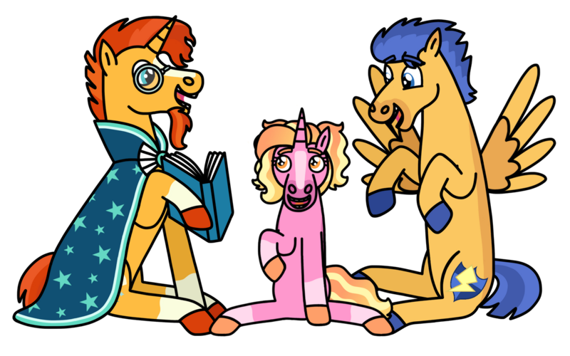 Size: 1280x800 | Tagged: safe, artist:kindheart525, derpibooru import, flash sentry, luster dawn, sunburst, pegasus, unicorn, auraverse, the last problem, father and child, father and daughter, female, flashburst, gay, magical gay spawn, male, offspring, shipping, simple background, spread wings, transparent background, wings