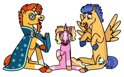 Size: 1280x800 | Tagged: safe, artist:kindheart525, derpibooru import, flash sentry, luster dawn, sunburst, pegasus, unicorn, auraverse, the last problem, father and child, father and daughter, female, flashburst, gay, magical gay spawn, male, offspring, shipping, simple background, spread wings, transparent background, wings