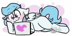 Size: 2048x1028 | Tagged: safe, artist:befishproductions, derpibooru import, oc, oc:file folder, unofficial characters only, pegasus, pony, clothes, computer, laptop computer, scarf, solo