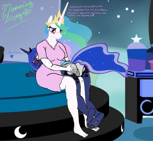 Size: 964x892 | Tagged: questionable, artist:flammingbrony40, derpibooru import, princess celestia, princess luna, alicorn, anthro, plantigrade anthro, 1000 hours in ms paint, ass up, bedroom, breasts, cameltoe, clothes, cute, dress, feet, gray underwear, image, jpeg, masochism, over the knee, panties, punishment, sexy, skirt, spanking, underwear, upskirt