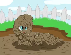 Size: 1400x1088 | Tagged: safe, artist:amateur-draw, derpibooru import, pear butter, earth pony, pony, draw me like one of your french girls, female, fence, lying down, mare, messy, mud, mud bath, muddy, pig pen, simple background, solo, sultry pose, wet and messy