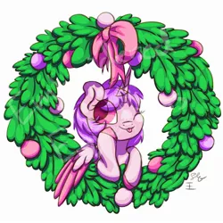 Size: 2500x2500 | Tagged: safe, artist:embroidered equations, derpibooru import, alicorn, pony, :p, bow, christmas, commission, cute, holiday, one eye closed, pink coat, solo, tongue out, wink, wreath, ych example, your character here