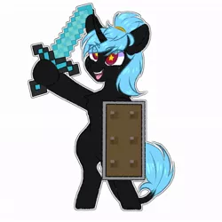 Size: 1024x1024 | Tagged: safe, artist:artistgunya, derpibooru import, oc, oc:starmoth, unofficial characters only, pony, unicorn, bipedal, diamond sword, hairband, horn, minecraft, open mouth, shield, simple background, solo, starry eyes, stars, sword, unicorn oc, weapon, white background, wingding eyes
