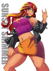 Size: 1024x1366 | Tagged: suggestive, artist:tzc, derpibooru import, kotobukiya, sunset shimmer, human, equestria girls, anime, belly button, breasts, busty sunset shimmer, choker, clothes, devil horn (gesture), female, humanized, jacket, leather jacket, midriff, simple background, skirt, solo, spiked choker, tanktop, white background