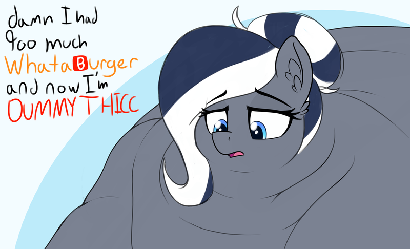 Size: 4630x2814 | Tagged: questionable, artist:czu, derpibooru import, oc, oc:flutterbree, unofficial characters only, earth pony, pony, 🅱, abstract background, bingo wings, bust, chubby cheeks, dialogue, dummy thicc, fat, female, high res, looking down, morbidly obese, neck roll, obese, solo, whataburger