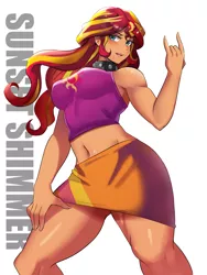Size: 1500x2000 | Tagged: suggestive, alternate version, artist:tzc, derpibooru import, kotobukiya, sunset shimmer, human, equestria girls, anime, belly button, breasts, busty sunset shimmer, choker, clothes, devil horn (gesture), female, humanized, midriff, simple background, skirt, solo, spiked choker, tanktop, white background