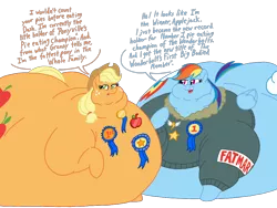 Size: 1024x768 | Tagged: suggestive, artist:jamesawilliams1996, artist:princebluemoon3, color edit, derpibooru import, edit, applejack, rainbow dash, earth pony, pegasus, pony, amplejack, applebutt, applefat, belly, big belly, bingo wings, blue ribbon, butt, chubby cheeks, clothes, colored, fat, huge belly, huge butt, impossibly large belly, impossibly large butt, jacket, large butt, medal, morbidly obese, near immobile, neck roll, obese, rainblob dash, rainbutt dash, ribbon, rolls of fat, simple background, the ass was fat, transparent background, weight gain, wonderbolts jacket