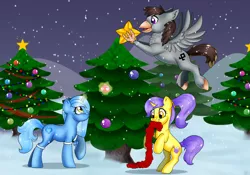 Size: 3117x2176 | Tagged: safe, artist:ali-selle, derpibooru import, oc, oc:glacandra, oc:luxor, oc:tulipan, classical hippogriff, hippogriff, unicorn, christmas, christmas lights, christmas tree, cute, hearth's warming eve, holiday, luxorian trio, snow, snowfall, tree, winter