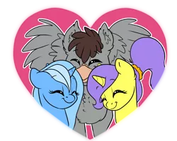 Size: 1748x1400 | Tagged: safe, artist:ali-selle, derpibooru import, oc, oc:glacandra, oc:luxor, oc:tulipan, classical hippogriff, hippogriff, unicorn, cute, eyes closed, luxorian trio