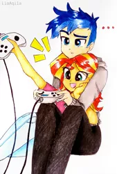 Size: 2033x3015 | Tagged: safe, artist:liaaqila, derpibooru import, flash sentry, sunset shimmer, equestria girls, controller, cute, female, flashimmer, happy, male, shimmerbetes, shipping, straight, video game