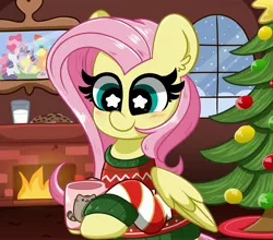 Size: 4096x3605 | Tagged: safe, artist:kittyrosie, derpibooru import, applejack, fluttershy, pinkie pie, rainbow dash, rarity, twilight sparkle, cat, earth pony, pegasus, unicorn, blushing, christmas, christmas tree, clothes, cookie, cute, fire, fireplace, food, high res, holiday, mane six, milk, mug, picture, shyabetes, snow, starry eyes, sweat, sweater, sweatershy, tree, unicorn twilight, window, wingding eyes