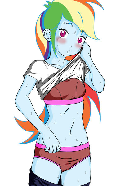Size: 1080x1500 | Tagged: suggestive, artist:smoker, derpibooru import, rainbow dash, equestria girls, blushing, bra, breasts, clothes, crop top bra, delicious flat chest, embarrassed, embarrassed underwear exposure, looking at you, panties, rainbow flat, red underwear, solo, sports bra, sports panties, sweat, underwear