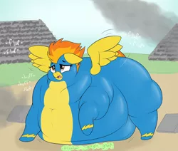 Size: 3858x3266 | Tagged: suggestive, artist:czu, derpibooru import, spitfire, pegasus, pony, belly on floor, bingo wings, chubby cheeks, clothes, fat, flabby chest, flapping, flight suit, floppy ears, latex, latex suit, morbidly obese, near immobile, neck roll, obese, onomatopoeia, open mouth, panting, rolls of fat, spitfatty, stomach noise, uniform, wonderbolts uniform