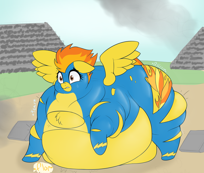 Size: 3858x3266 | Tagged: suggestive, alternate version, artist:czu, derpibooru import, spitfire, pegasus, pony, belly on floor, bingo wings, chubby cheeks, clothes, fat, flabby chest, flight suit, floppy ears, latex, latex suit, morbidly obese, near immobile, neck roll, obese, onomatopoeia, ripping clothes, rolls of fat, spitfatty, sweat, sweatdrops, uniform, wardrobe malfunction, wide eyes, wonderbolts uniform