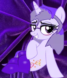 Size: 1093x1261 | Tagged: safe, artist:lazuli, artist:mellow91, derpibooru import, oc, oc:glass sight, unicorn, adorasexy, bedroom eyes, blushing, clothes, come hither, cute, glasses, grin, knee high socks, purple background, sexy, simple background, sitting, smiling, socks, solo, sultry pose, velvet