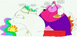 Size: 10510x5110 | Tagged: safe, artist:princebluemoon3, derpibooru import, princess celestia, oc, oc:princess yua priana, alicorn, anthro, fox, pony, absurd resolution, anthro oc, belly, belly button, big belly, bingo wings, butt, chocolate chip cookies, chubby cheeks, chubbylestia, clothes, cookie, crumbs, cup, dress, eating, fat, food, huge belly, huge butt, impossibly large belly, impossibly large butt, large butt, messy eating, morbidly obese, multiple tails, neck fat, obese, simple background, teacup, white background