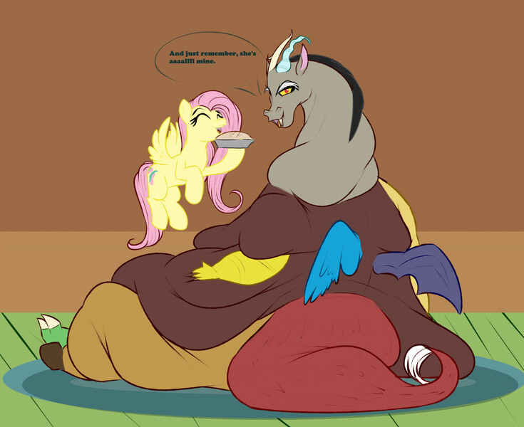 Size: 1280x1045 | Tagged: suggestive, artist:astr0zone, derpibooru import, discord, fluttershy, draconequus, pegasus, pony, belly, big belly, bingo wings, bottom heavy, butt, discoshy, duo, eyes closed, fat, fat legs, fat tail, fatcord, feedee, feeder, feeding, female, food, huge belly, huge butt, impossibly large belly, impossibly large butt, large belly, large butt, looking at you, looking back, looking back at you, male, morbidly obese, neck fat, obese, pie, rolls of fat, shipping, sitting, speech bubble, straight, taunting, thighs, thunder thighs