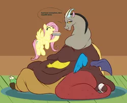 Size: 1280x1045 | Tagged: suggestive, artist:astr0zone, derpibooru import, discord, fluttershy, draconequus, pegasus, pony, belly, big belly, bingo wings, bottom heavy, butt, discoshy, duo, eyes closed, fat, fat legs, fat tail, fatcord, feedee, feeder, feeding, female, food, huge belly, huge butt, impossibly large belly, impossibly large butt, large belly, large butt, looking at you, looking back, looking back at you, male, morbidly obese, neck fat, obese, pie, rolls of fat, shipping, sitting, speech bubble, straight, taunting, thighs, thunder thighs