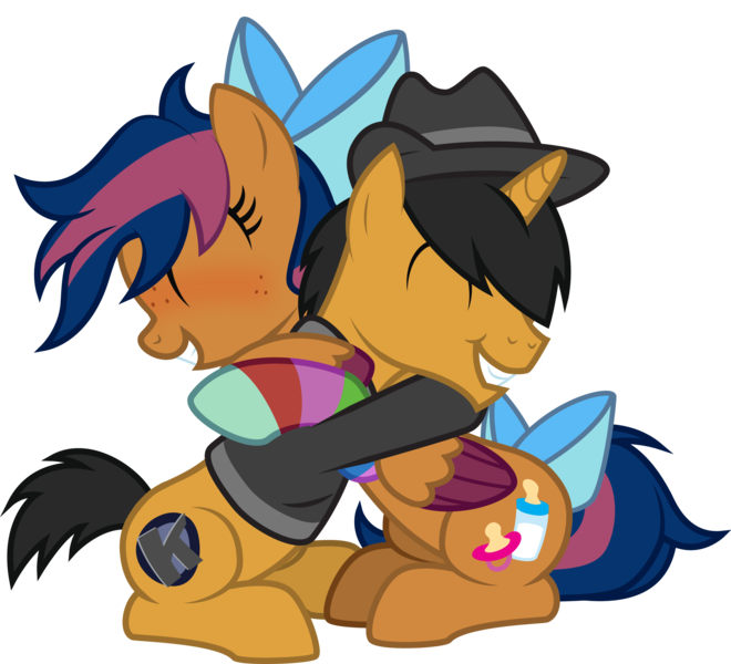 Size: 2444x2221 | Tagged: safe, artist:lightning stripe, derpibooru import, oc, oc:kaokraft, oc:solar comet, pegasus, pony, unicorn, black mane, black tail, bow, clothes, colt, commission, cute, cutie mark, duo, eyes closed, fedora, grin, hair over one eye, happy, hat, hoodie, horn, hug, male, messy mane, orange coat, pegasus oc, short tail, show accurate, simple background, sitting, smiling, sock, tail bow, transparent background, trap, two toned mane, two toned tail, two toned wings, vector, wholesome, wings