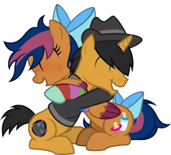 Size: 2444x2221 | Tagged: safe, artist:lightning stripe, derpibooru import, oc, oc:kaokraft, oc:solar comet, pegasus, pony, unicorn, black mane, black tail, bow, clothes, colt, commission, cute, cutie mark, duo, eyes closed, fedora, grin, hair over one eye, happy, hat, hoodie, horn, hug, male, messy mane, orange coat, pegasus oc, short tail, show accurate, simple background, sitting, smiling, sock, tail bow, transparent background, trap, two toned mane, two toned tail, two toned wings, vector, wholesome, wings