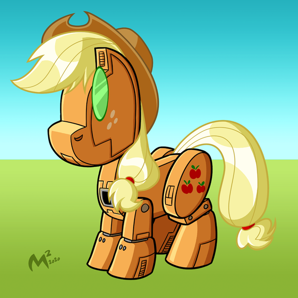 Size: 700x700 | Tagged: safe, artist:mattmoylan, derpibooru import, applejack, pony, robot, robot pony, applebot, hat, roboticization, transformerfied