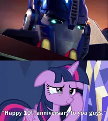 Size: 2000x2250 | Tagged: safe, derpibooru import, twilight sparkle, twilight sparkle (alicorn), alicorn, pony, all bottled up, autobot, caption, comparison, crying, cybertronian, female, floppy ears, happy 10th anniversary, image macro, male, mare, optimus prime, predacons rising, proud, sad, smiling, sunrise, tears of joy, text, transformers, transformers prime