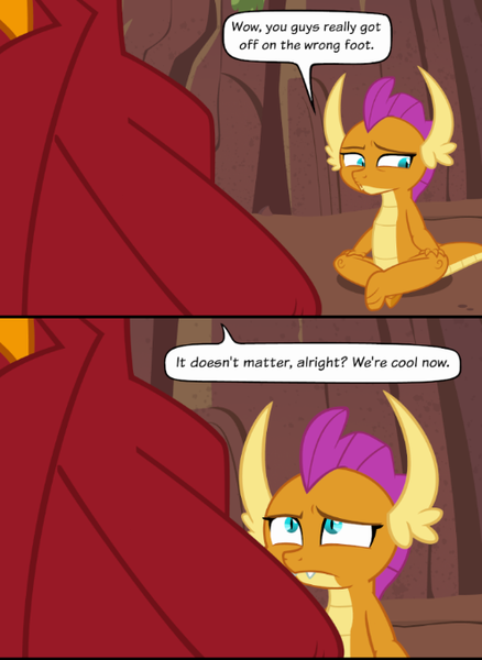 Size: 496x680 | Tagged: safe, artist:queencold, derpibooru import, garble, smolder, dragon, comic:a dog's mother, 2 panel comic, comic, cropped, cropped comic, shrunken pupils, text