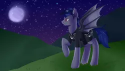 Size: 900x512 | Tagged: safe, artist:yoonergetic, derpibooru import, oc, oc:cleansing night, bat pony, clothes, hill, moon, one hoof raised, solo, stars