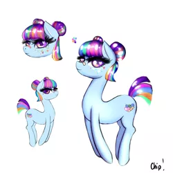 Size: 2000x2000 | Tagged: safe, artist:plaguemare, derpibooru import, oc, oc:gum, unofficial characters only, earth pony, pony, bandaid, bangs, blue coat, candy, decora, eyelashes, female, food, fringe, harajuku, jumping, mare, multicolored hair, neon, shiny, space buns