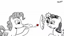 Size: 1200x675 | Tagged: safe, artist:pony-berserker, derpibooru import, pinkie pie, rarity, earth pony, pony, unicorn, air kiss, anti-shipping, force field, magic, monochrome, neo noir, partial color, pony-berserker's twitter sketches, shipping denied, stippling, telekinesis