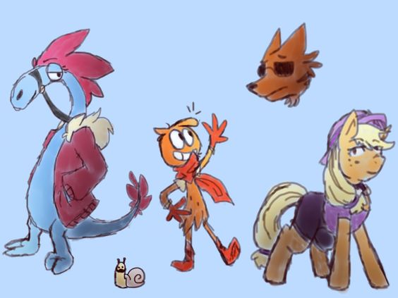 Size: 564x423 | Tagged: artist needed, safe, derpibooru import, applejack, snail, wolf, clothes, coat, crossover, friendshipping, missing accessory, missing hat, mittens, scarf, socks, sylvia, wander over yonder, wander (wander over yonder)