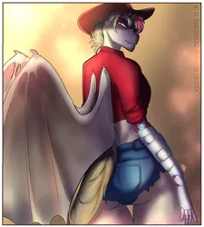 Size: 1500x1668 | Tagged: suggestive, artist:andreita14ajhq, derpibooru import, oc, oc:grav, unofficial characters only, anthro, bat pony, breasts, cowgirl