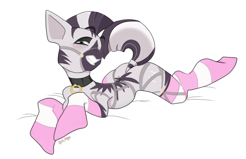 Size: 1200x776 | Tagged: suggestive, artist:gar_bage, derpibooru import, oc, oc:zebra north, unofficial characters only, zebra, bed, bridle, clothes, collar, femboy, halter, harness, image, inviting, lying down, male, on bed, png, prone, socks, solo, stallion, striped socks, tack, zebra femboy, zebra oc